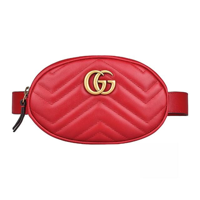 【GUCCI 古馳】GUCCI Marmont復古雙G LOGO絎縫設計牛皮拉鍊胸腰包(紅)
