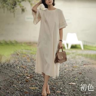 【初色】清涼感寬鬆直筒圓領雙層短袖休閒連身中長裙洋裝-杏色-68535(M-XL可選)