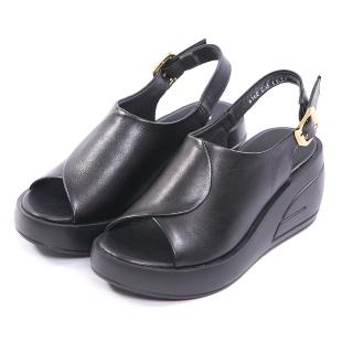 【ee9】簡約率性圓頭百搭牛皮厚底楔型涼鞋-黑色-5536160 10(方塊跟涼鞋)