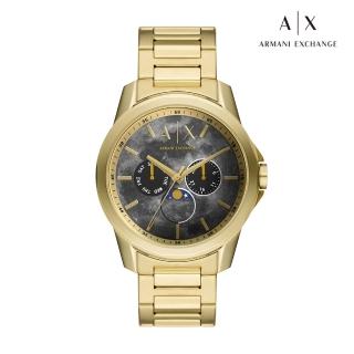 【A|X Armani Exchange 官方直營】Banks 煙霧月球漫步三眼月相手錶 金色不鏽鋼鍊帶 44MM AX1737