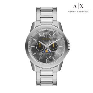 【A|X Armani Exchange 官方直營】Banks 煙霧月球漫步三眼月相手錶 銀色不鏽鋼鍊帶 44MM AX1736