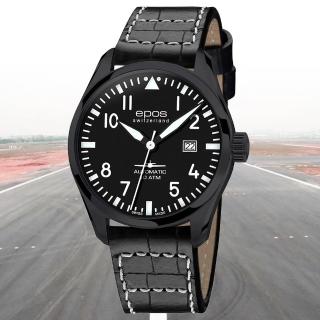 【epos 愛寶時】經典時尚飛行員系列自動上鍊機械錶-皮錶帶 黑43mm(3401.132.25.35.24)