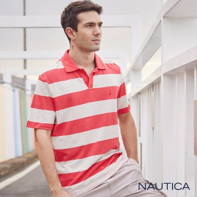 【NAUTICA】男裝 經典撞色條紋開襟短袖POLO衫(紅白)