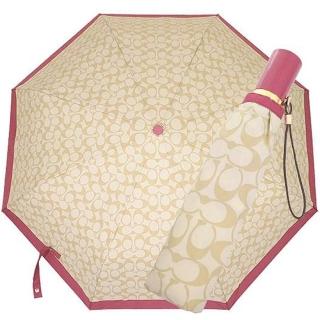 【COACH】莓粉紅X淺卡其尼龍滿版C LOGO自動摺疊傘