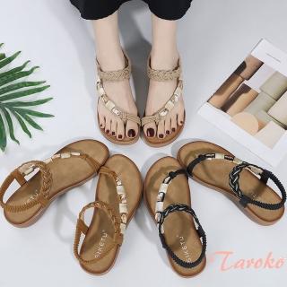 【Taroko】貝殼串珠流線編織彈性伸縮平底大尺碼涼鞋(3色可選)