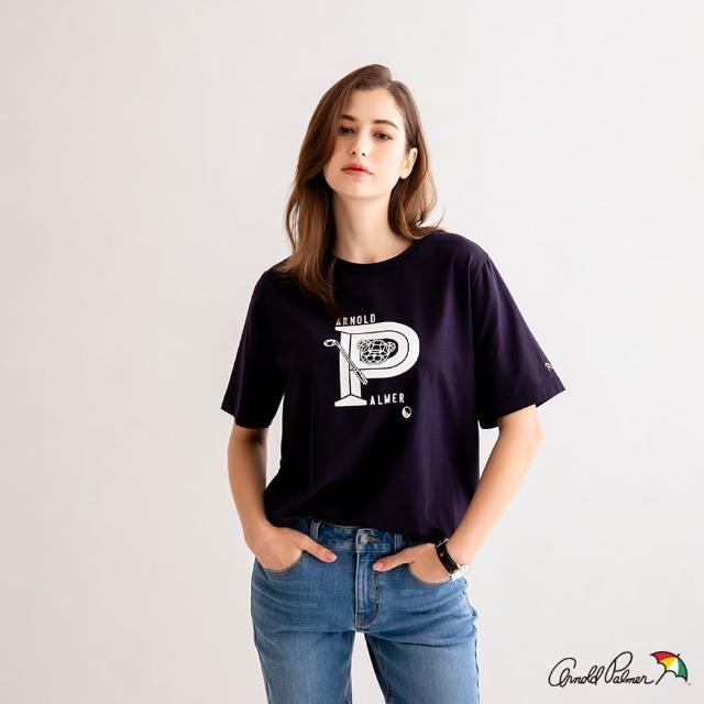 【Arnold Palmer 雨傘】女裝-彈性棉鑽石熊AP印花T-Shirt(深藍色)