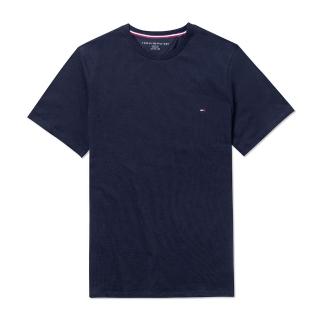 【Tommy Hilfiger】TOMMY 經典刺繡Logo圓領素面短袖T恤 上衣-深藍色(平輸品)