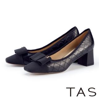 【TAS】柔軟羊皮蝴蝶結方頭中高跟鞋(黑色)