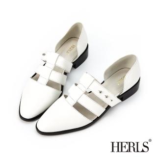 【HERLS】低跟鞋-全真皮魚骨鏤空側V橢圓頭低跟鞋(白色)