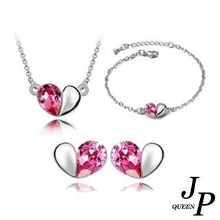 【Jpqueen】浪漫半心彩色水晶耳環項鍊手鍊三件套組(6色可選)