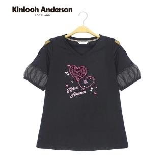 【Kinloch Anderson】甜美微露肩刺繡愛心紗網泡泡袖V領棉T 短袖上衣 T恤 金安德森女裝(黑)