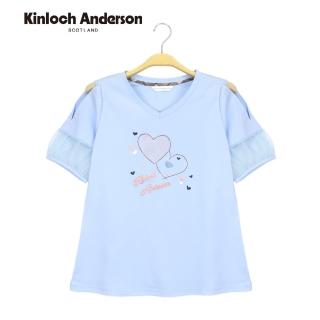 【Kinloch Anderson】甜美微露肩刺繡愛心紗網泡泡袖V領棉T 短袖上衣 T恤 金安德森女裝(粉藍)