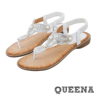 【QUEENA】坡跟涼鞋 珍珠涼鞋/華麗幾何排鑽珍珠夾腳造型坡跟涼鞋(白)