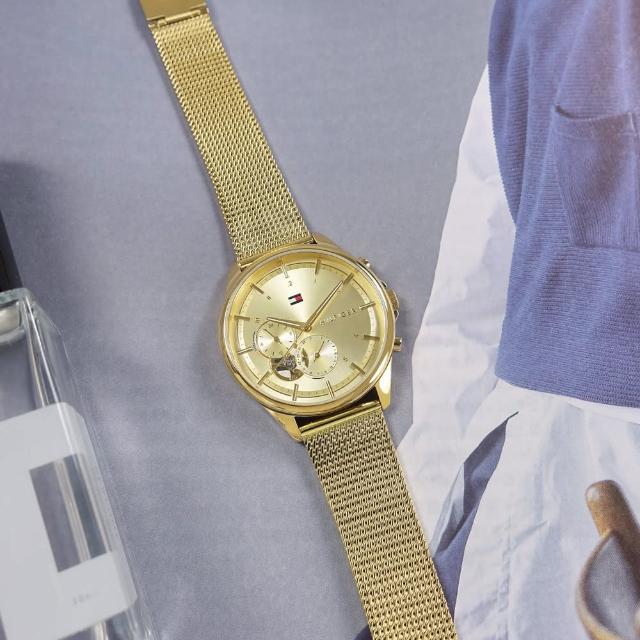 【Tommy Hilfiger】極簡時尚 優雅迷人 礦石強化玻璃 日期 米蘭編織不鏽鋼手錶 鍍金 38mm(1782417)