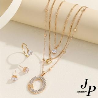 【Jpqueen】誇張橢圓晶鑽歐美耳環項鍊戒指三件套組(金色)