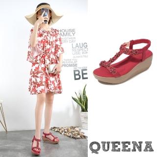 【QUEENA】坡跟涼鞋 厚底涼鞋/波西米亞民族風復古花朵串珠工字造型坡跟厚底涼鞋(紅)
