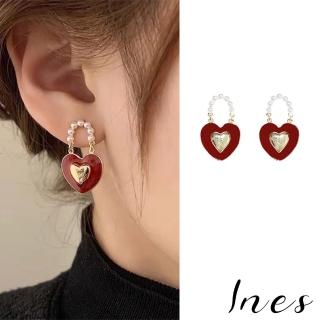 【INES】復古輕奢氣質愛心珍珠鎖頭造型耳環(愛心耳環 珍珠耳環 鎖頭耳環)