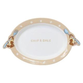 【小禮堂】Disney 迪士尼 奇奇蒂蒂 造型橢圓陶瓷盤 - 米白叉匙款(平輸品)