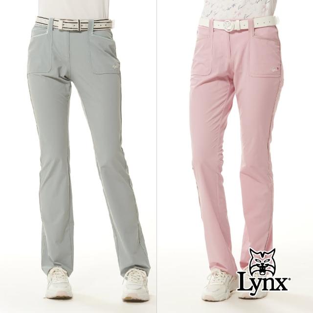 【Lynx Golf】女款彈性舒適幻彩配布設計邊出芽繩造型L型口袋窄管長褲(二色)