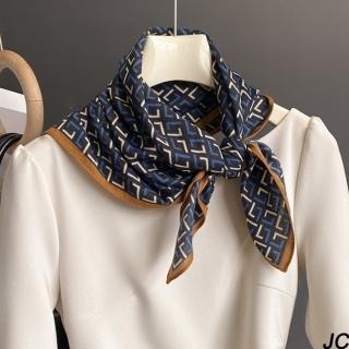 【JC Collection】柔軟舒適優質絲巾幾何圖騰四季百搭領巾絲巾(深藍色)