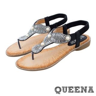 【QUEENA】坡跟涼鞋 珍珠涼鞋/華麗幾何排鑽珍珠夾腳造型坡跟涼鞋(黑)