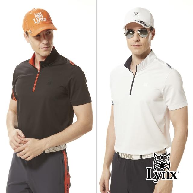 【Lynx Golf】首爾高桿風格！男款合身版銀離子抗菌除臭後背配布字樣造型短袖立領POLO衫/高爾夫球衫(二色)