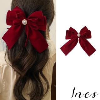 【INES】蝴蝶結髮夾 珍珠釦髮夾/浪漫復古植絨多層次蝴蝶結珍珠釦造型髮夾(2色任選)