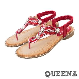 【QUEENA】坡跟涼鞋 珍珠涼鞋/華麗幾何排鑽珍珠夾腳造型坡跟涼鞋(紅)