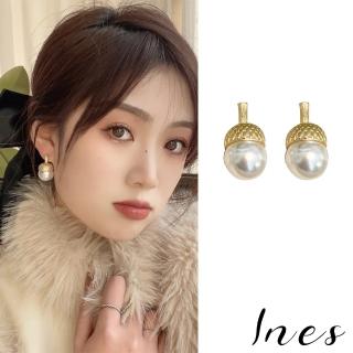 【INES】法式氣質復古松果珍珠造型耳環(松果耳環 珍珠耳環)