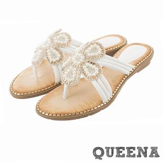 【QUEENA】坡跟拖鞋 花朵拖鞋/波西米亞民族風彩鑽串珠花朵造型坡跟拖鞋(白)