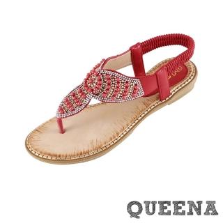 【QUEENA】坡跟涼鞋 夾腳涼鞋/波西米亞民族風華麗撞色美鑽串珠夾腳坡跟涼鞋(紅)