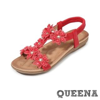 【QUEENA】坡跟涼鞋 工字涼鞋/波西米亞民族風美鑽蕾絲花朵工字造型坡跟涼鞋(紅)