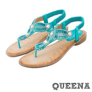 【QUEENA】坡跟涼鞋 珍珠涼鞋/華麗幾何排鑽珍珠夾腳造型坡跟涼鞋(綠)