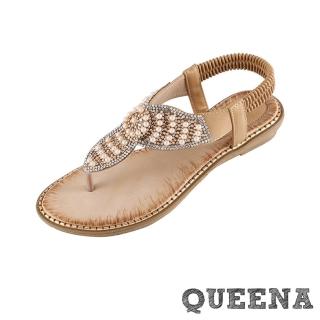 【QUEENA】坡跟涼鞋 夾腳涼鞋/波西米亞民族風華麗撞色美鑽串珠夾腳坡跟涼鞋(杏)