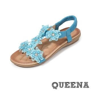 【QUEENA】坡跟涼鞋 工字涼鞋/波西米亞民族風美鑽蕾絲花朵工字造型坡跟涼鞋(藍)