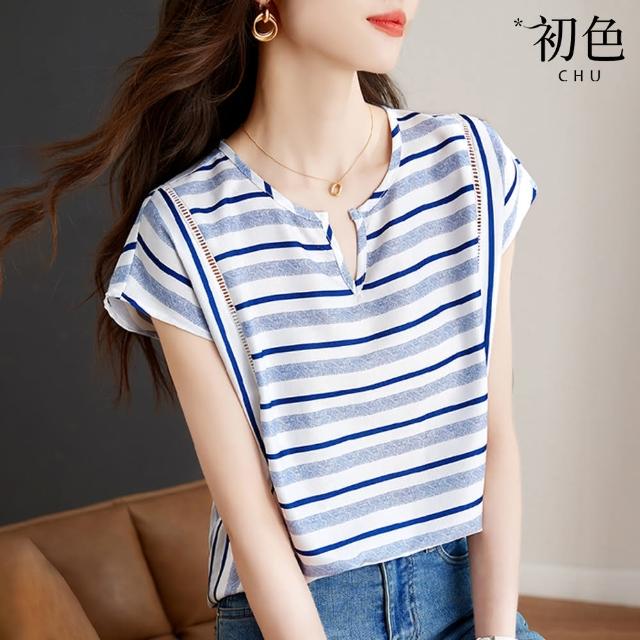 【初色】撞色條紋拼接寬鬆雪紡衫半開領短袖T恤上衣-藍色-68491(M-XL可選)