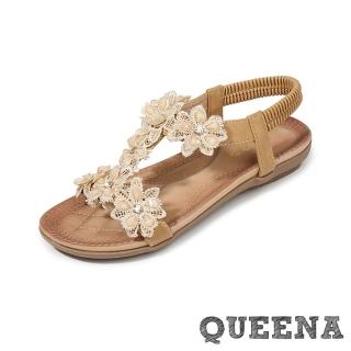 【QUEENA】坡跟涼鞋 工字涼鞋/波西米亞民族風美鑽蕾絲花朵工字造型坡跟涼鞋(杏)