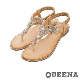 【QUEENA】坡跟涼鞋 珍珠涼鞋/華麗幾何排鑽珍珠夾腳造型坡跟涼鞋(杏)