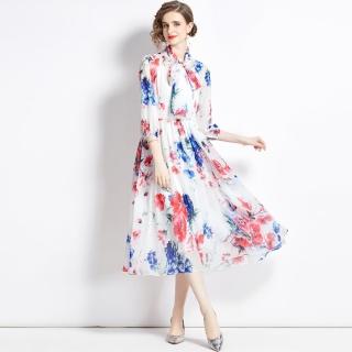 【M2M】玩美衣櫃紅藍印花洋裝法式蝴蝶結雪紡連身裙S-2XL
