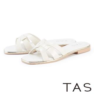 【TAS】編織方頭鏡面牛皮平底拖鞋(白色)