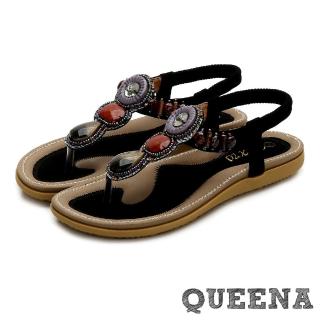 【QUEENA】平底涼鞋 T字涼鞋/波西米亞民族風復古石串珠T字造型平底涼鞋(黑)