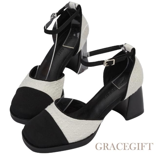 【Grace Gift】優雅名媛風繫踝中高跟鞋(白x黑)