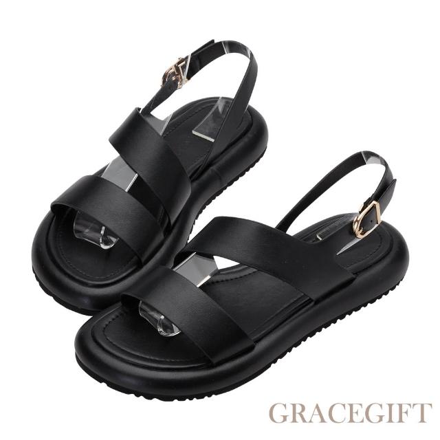【Grace Gift】率性雙帶皮革涼鞋(黑)