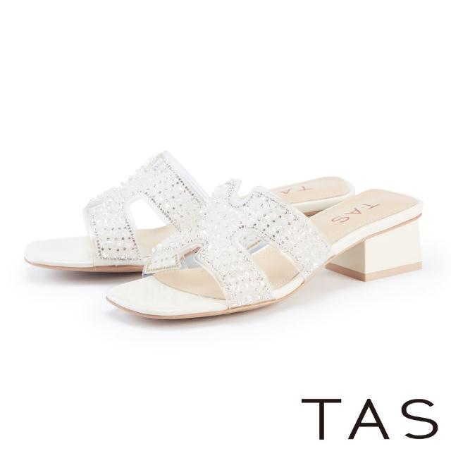 【TAS】進口鑽片透膚寬帶中跟拖鞋(白色)