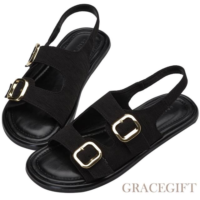 【Grace Gift】質感雙釦百搭平底涼鞋(黑)