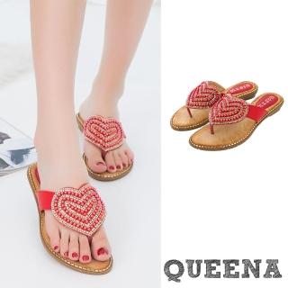 【QUEENA】坡跟拖鞋 夾腳拖鞋/波西米亞民族風甜美愛心串珠造型坡跟夾腳拖鞋(紅)