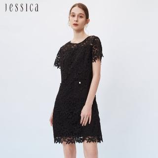 【JESSICA】高雅氣質花卉刺繡蕾絲短袖洋裝233178（黑）