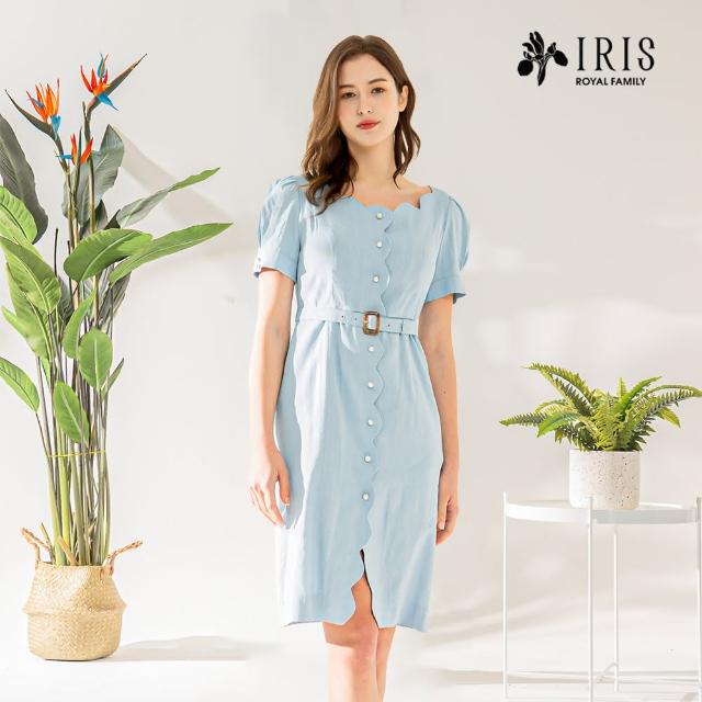 【IRIS 艾莉詩】冰河藍貝殼排釦洋裝(32606)