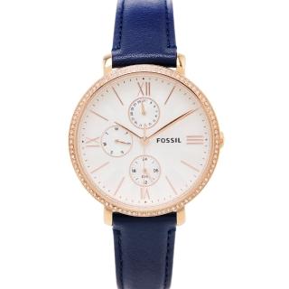 【FOSSIL】Jacqueline三眼計時皮革錶帶手錶-銀面x藍色/38mm(ES5096)