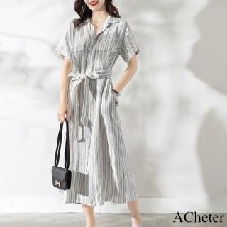 【ACheter】法式長款豎條紋襯衫連身裙簡單大方氣質收腰輕熟風短袖長版洋裝#117745(條紋)